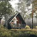 Serene Forest Detached Villa With Triangular Roof Wooden Terrace And Lush Natural Surroundings