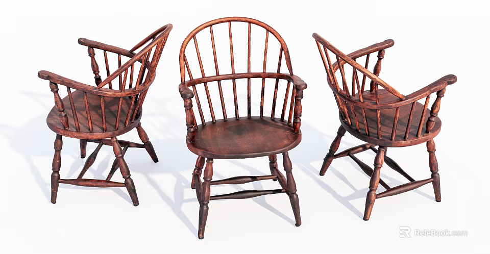 Three Wooden Leisure Chairs With Armrests Traditional Solid Wood Slatted Backrest Design 3d model 