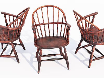 Three Wooden Leisure Chairs With Armrests Traditional Solid Wood Slatted Backrest Design 3d model