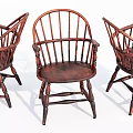 Three Wooden Leisure Chairs With Armrests Traditional Solid Wood Slatted Backrest Design