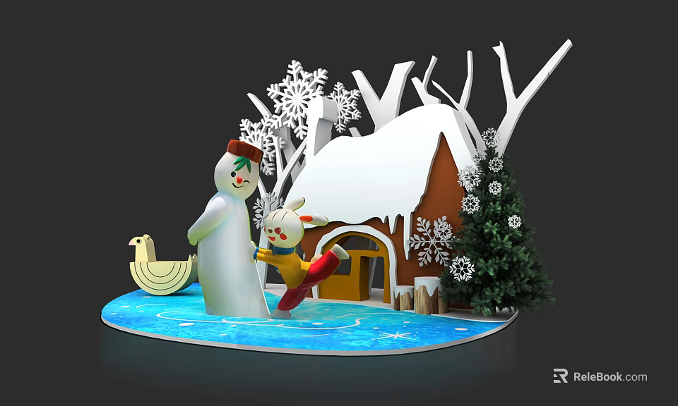 Festive Winter Scene Decoration With Snowman Rabbit Cottage Snowflakes And Tree 3d model 