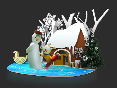Festive Winter Scene Decoration With Snowman Rabbit Cottage Snowflakes And Tree 3d model