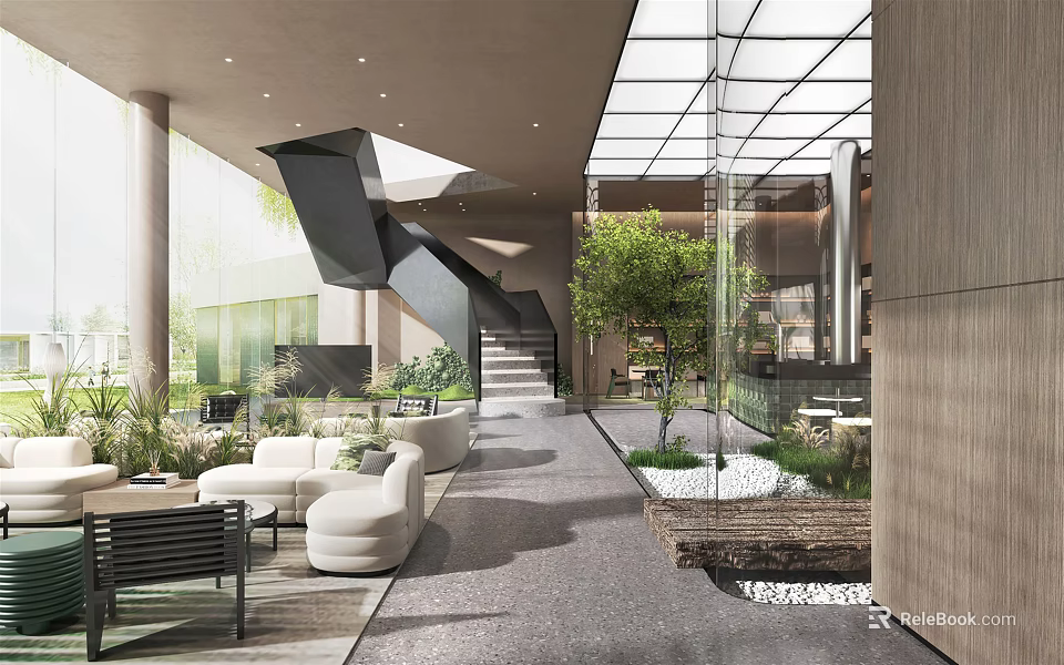 Modern Leisure Area Interior With Sofa Seating Green Plants Glass Walls And Open Space 3d model 