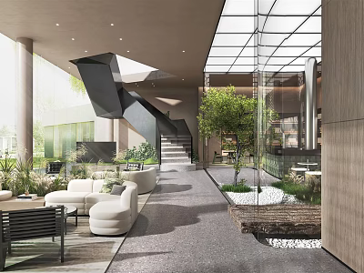 Modern Leisure Area Interior With Sofa Seating Green Plants Glass Walls And Open Space 3d model