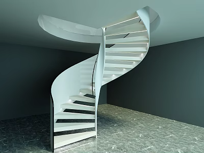Modern White Spiral Staircase Interior Design With Glass Railing And Marble Floor 3d model