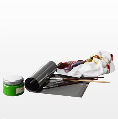 High Quality Paintbrushes For Artists With Green Paint Can Palette And Cloth 3d model
