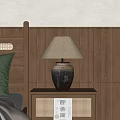 Wooden Bedside Table With Rattan Panel And Ceramic Base Fabric Shade Lamp 3d model