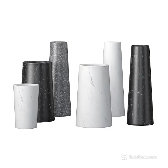 Black And White Marble Vases With Modern Design And Various Decorative Shapes 3d model 
