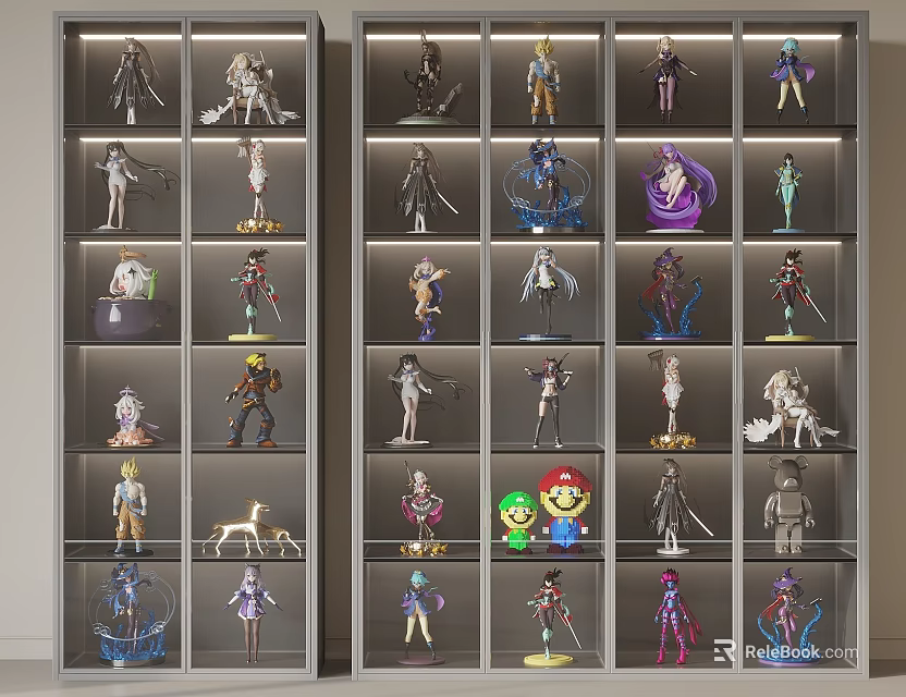 Display Cabinet Shelves With Multiple Layers Showcasing Various Action Figures And Collectibles 3d model 
