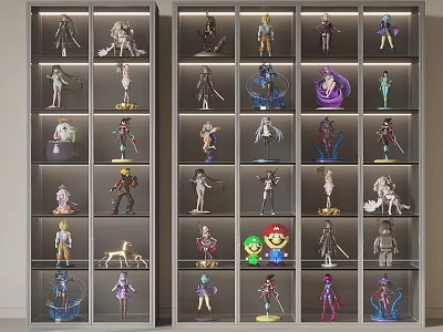 Display Cabinet Shelves With Multiple Layers Showcasing Various Action Figures And Collectibles 3d model
