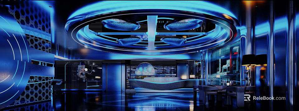 Modern KTV Interior Design With Blue Lighting Circular Ceiling And Stylish Lounge 3d model 