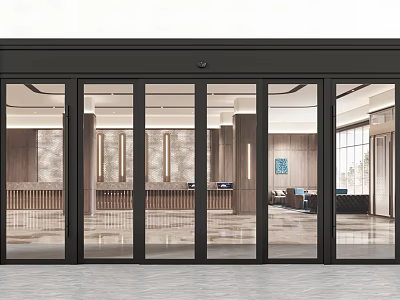 Modern Commercial Entrance With Black Frame Glass Sliding Doors And Lobby Interior 3d model