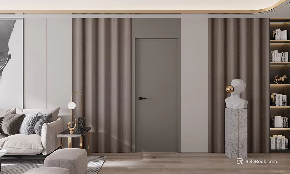Modern Living Room Interior With Gray Hinged Door Striped Panels Sofa And Marble Sculpture 3d model 