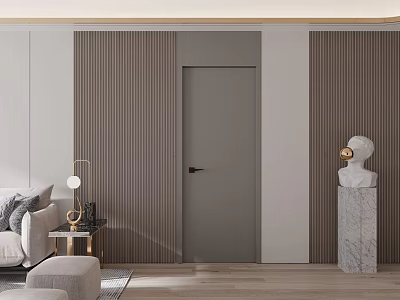 Modern Living Room Interior With Gray Hinged Door Striped Panels Sofa And Marble Sculpture 3d model