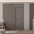 Modern Living Room Interior With Gray Hinged Door Striped Panels Sofa And Marble Sculpture
