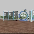 Floral Display With Circular Structure Glass Partitions Green Plants And Brand Logo On Wooden Flooring
