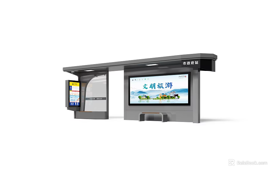 Modern Traffic Sign At Bus Stop Shelter With Electronic Display And Advertisement 3d model 