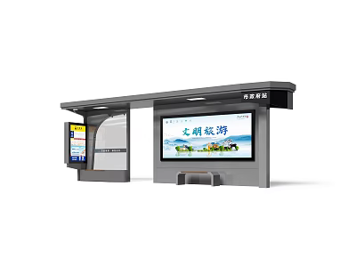 Modern Traffic Sign At Bus Stop Shelter With Electronic Display And Advertisement 3d model