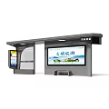 Modern Traffic Sign At Bus Stop Shelter With Electronic Display And Advertisement