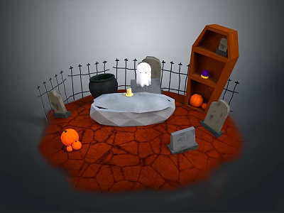 Spooky Halloween Landscape With White Ghost Black Iron Fence Orange Pumpkins And Red Cracked Ground 3d model