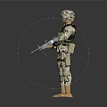 Military Soldier In Camouflage Uniform Holding Rifle Against Gray Background