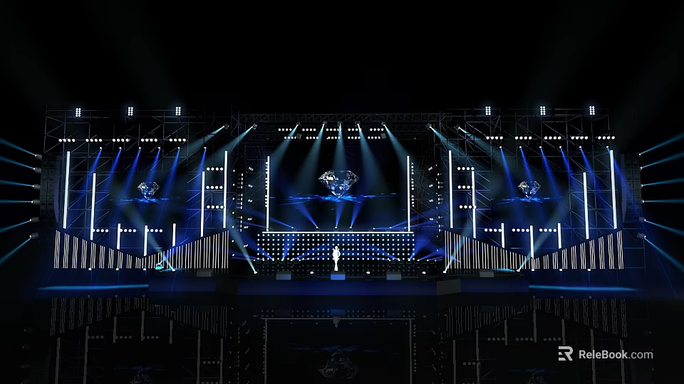 Blue Themed Stage Performance Scene With Bright Spotlights And Lighting Effects 3d model