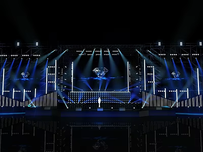 Blue Themed Stage Performance Scene With Bright Spotlights And Lighting Effects 3d model