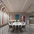 Modern Public Interior Space Featuring Circular Structure Green Curved Seating And Arched Doorway