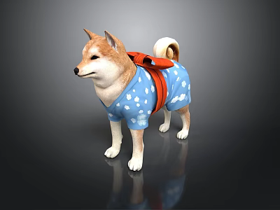 Shiba Inu Dog Wearing Blue Outfit With White Cloud Patterns And Orange Backpack 3d model