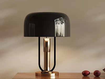 Black Table Lamp With Gold Base And Metal Stand On Wooden Tabletop With Red Fruits 3d model