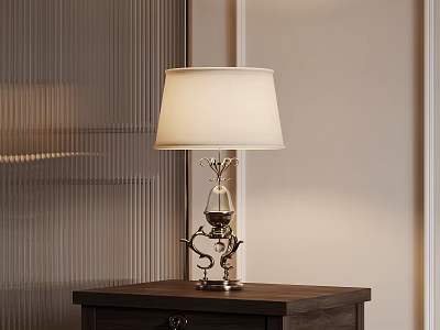Elegant Table Lamp With White Lampshade And Decorative Metal Base On Dark Wooden Table 3d model