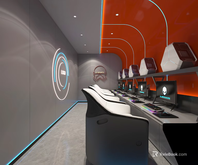 Modern Internet Cafe Interior With Gaming Computers Ergonomic Seats Orange Accents And Lighting 3d model 