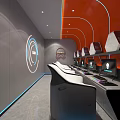 Modern Internet Cafe Interior With Gaming Computers Ergonomic Seats Orange Accents And Lighting