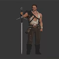 Shirtless Muscular Game Movie Character With Shoulder Armor Long Sword Leather Pants And Boots