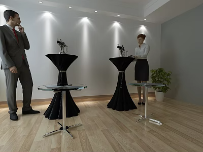 Indoor Interior Scene With People High Glass Top Tables Black Decor And Plants Lighting 3d model