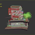 Model Building Multi Level With Red Roof White Walls And Tree Display Structure