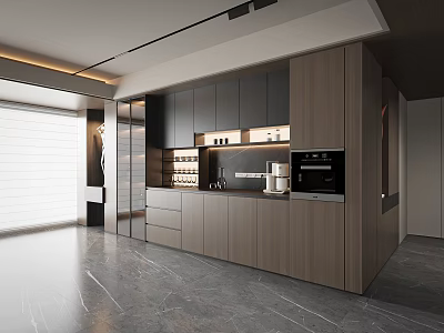 Modern Kitchen Sideboard Design With Wooden Gray Cabinets Storage And Coffee Machine 3d model