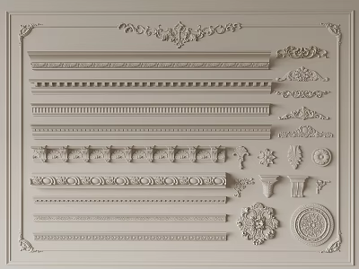 Decorative Gypsum Crown Molding with Various Ornate Patterns and Architectural Details for Interior Design 3d model