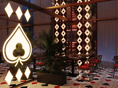 Stylish Bar Interior With Large Spade Symbol Diamond Pattern Screens And Plant Decor 3d model