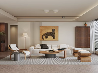Modern Living Room Interior With White Sofa Black Cushions Wooden Coffee Table And Leopard Painting 3d model