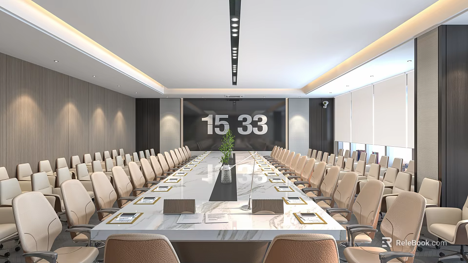 Modern Conference Room With Long Conference Table Large Screen Digital Time Display And Chairs 3d model 