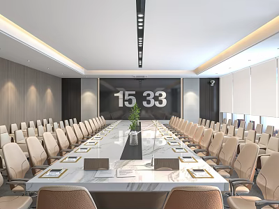 Modern Conference Room With Long Conference Table Large Screen Digital Time Display And Chairs 3d model