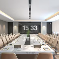 Modern Conference Room With Long Conference Table Large Screen Digital Time Display And Chairs