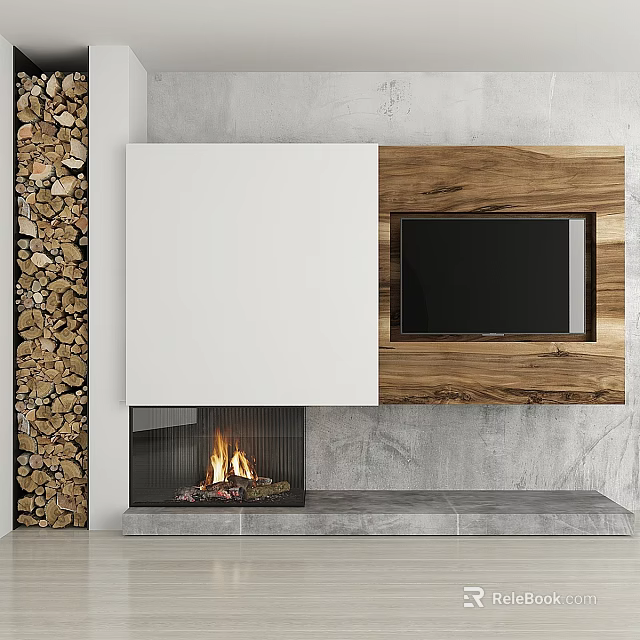Modern Fireplace With Burning Flames TV In Wooden Panel And White Cabinet Against Gray Wall 3d model 