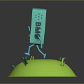 Cartoon Electronic Device Featuring Blue Body White Face Smiling Expression Arms Legs On Green Grass