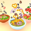 Colorful Bowls Containing Fresh Salad With Flying Tomatoes Mushrooms Olives And Onion Rings
