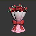 Bouquet of Red Roses with Green Leaves in Pink Polka Dot Vase and Red Bow
