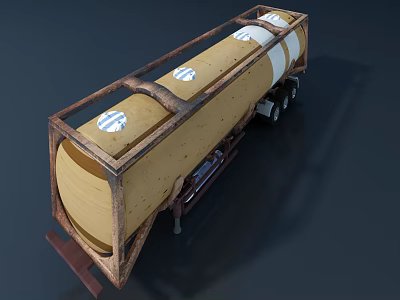 Yellow Tanker Truck With White Stripes And Brown Frame For Transportation 3d model