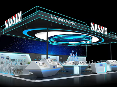MASSIN Exhibition Booth With Modern Blue Circular Lighting And Battery Product Display Counters 3d model