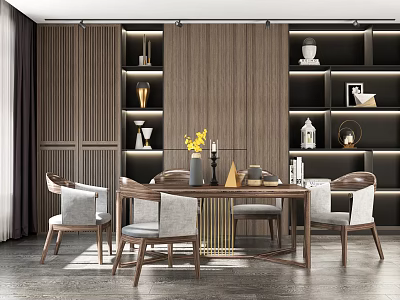 Modern Wooden Dining Table Set with Matching Chairs Yellow Flowers Candles and Decorative Shelves 3d model